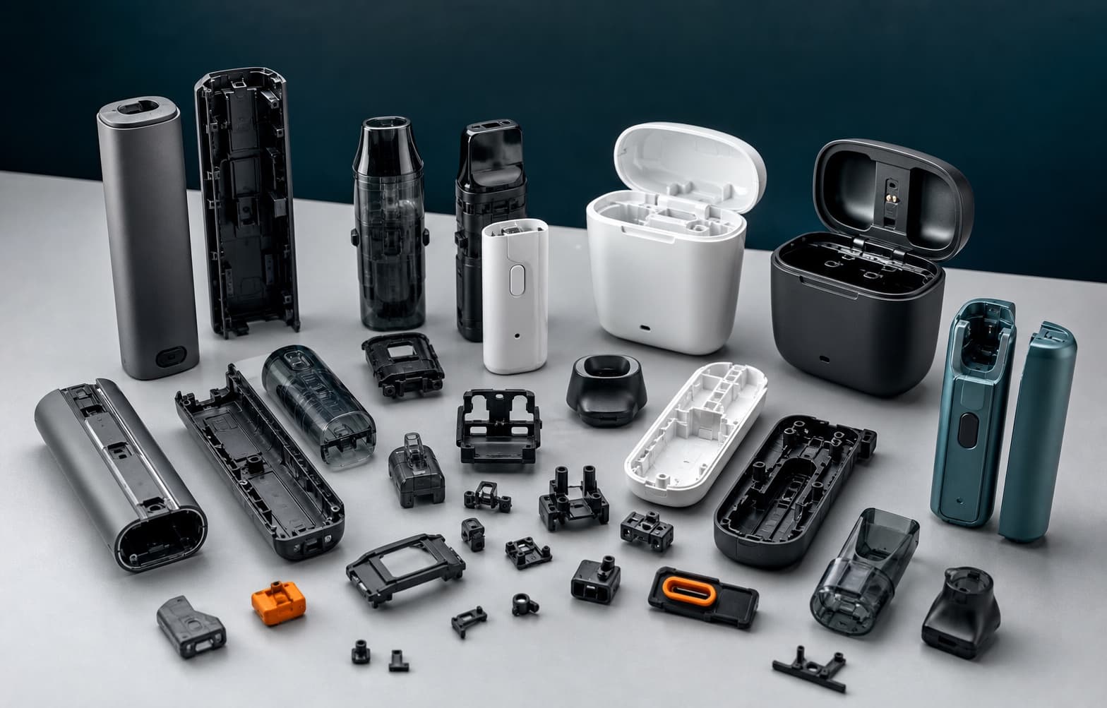 Concept composition of unbranded electronic vapor-device shells, pod housings and precision injection-molded components