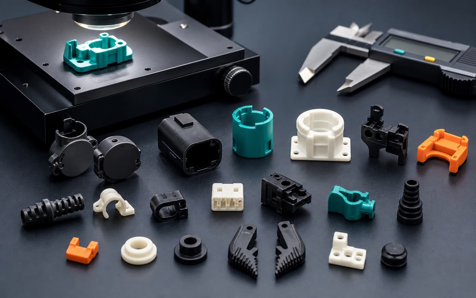 Concept close-up of small precision injection-molded robot components beside inspection equipment