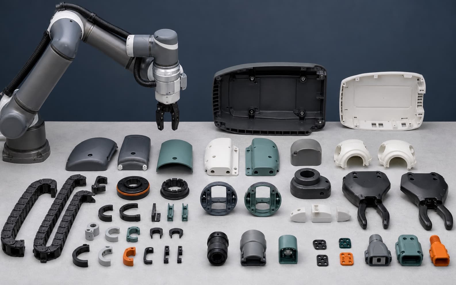 Concept layout of robot replacement covers, cable guides, connector shells and gripper parts